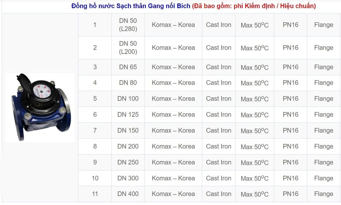 Đồng hồ đo nước sinh hoạt 9 Đồng hồ đo nước sinh hoạt Komax thân gang nối bích