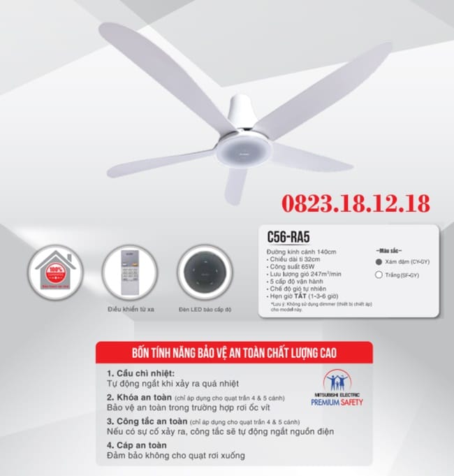 Quạt Trần 5 Cánh Điều Khiển Từ Xa Mitsubishi