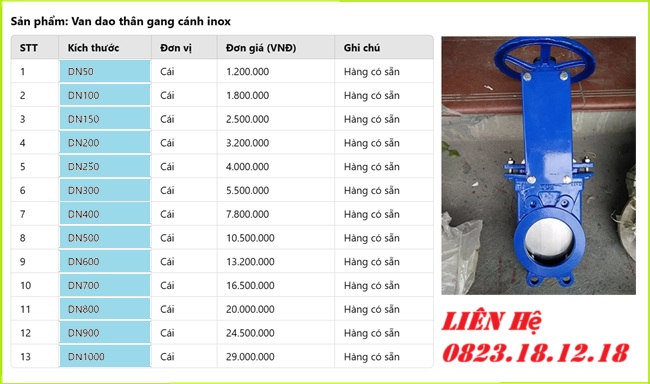 Van dao thân gang cánh inox 9 Bảng giá sản phẩm van dao thân gang cánh inox