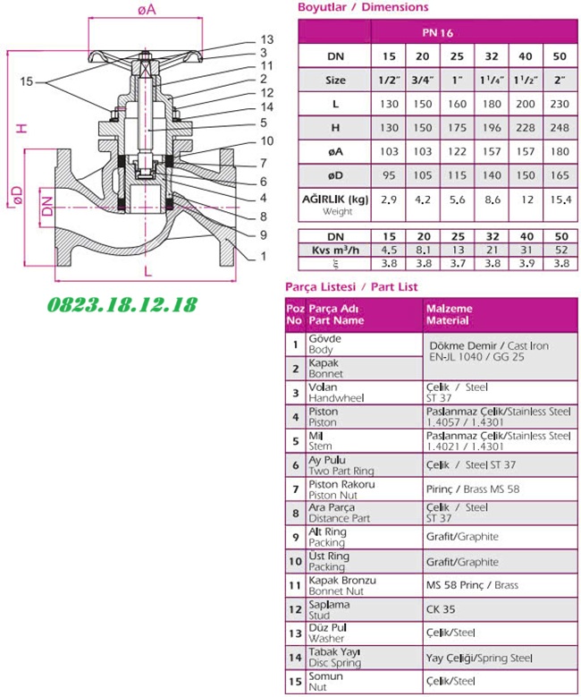 Cấu tạo và thông số của van cầu hơi Piston