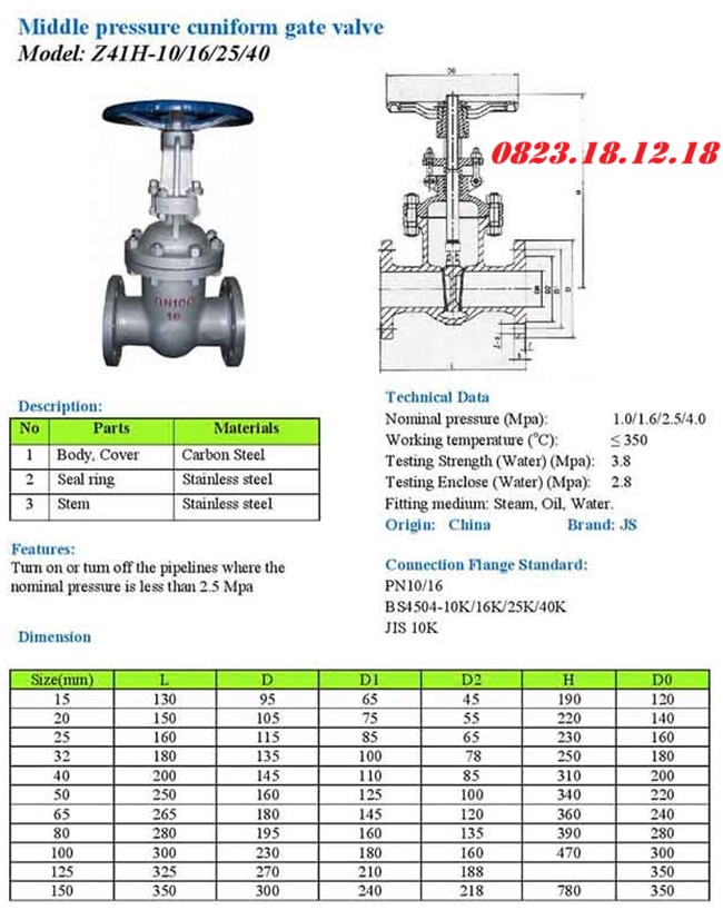 Thông số kỹ thuật của van cổng thép mặt bích