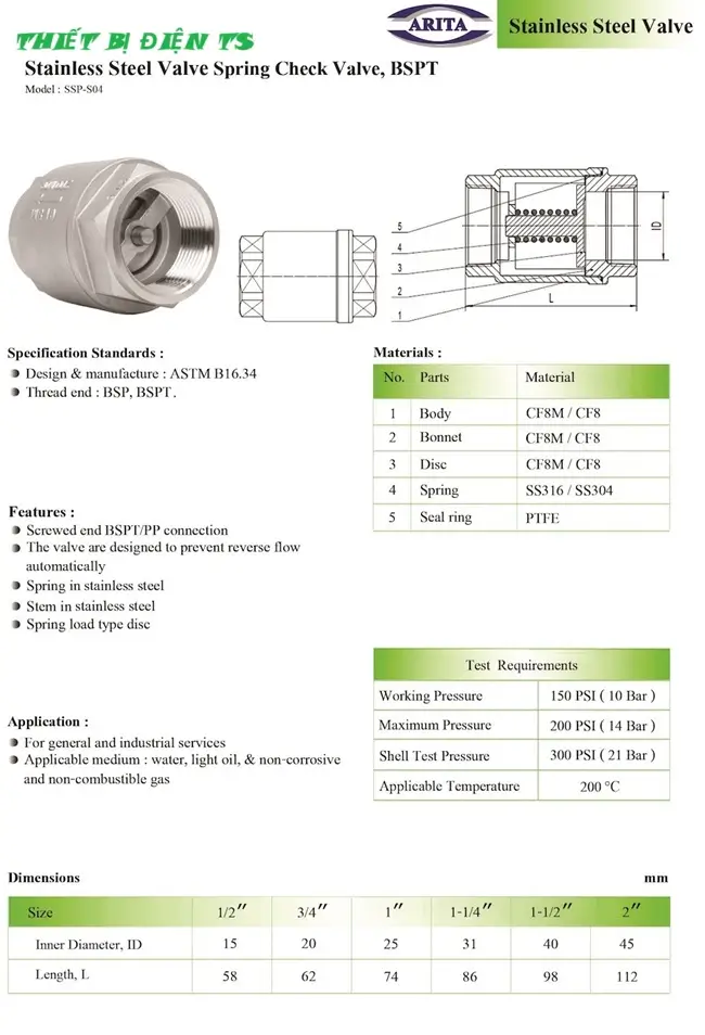 Catalogue van 1 chiều lò xo inox 