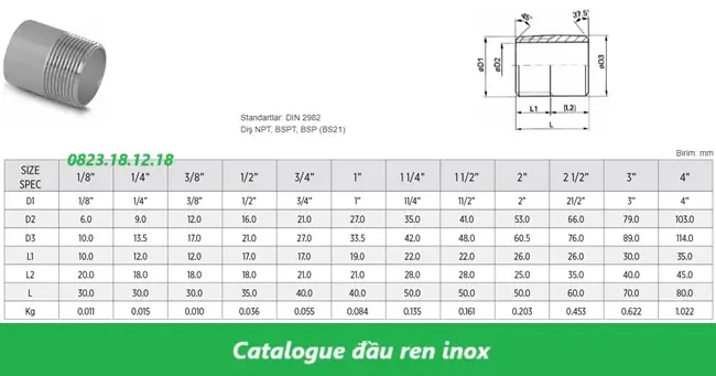Catalogue đầu ren inox