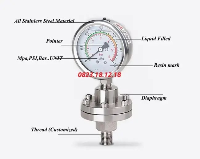 Đồng hồ đo áp suất inox dạng màng 10 Cấu tạo đồng hồ đo áp suất inox dạng màng