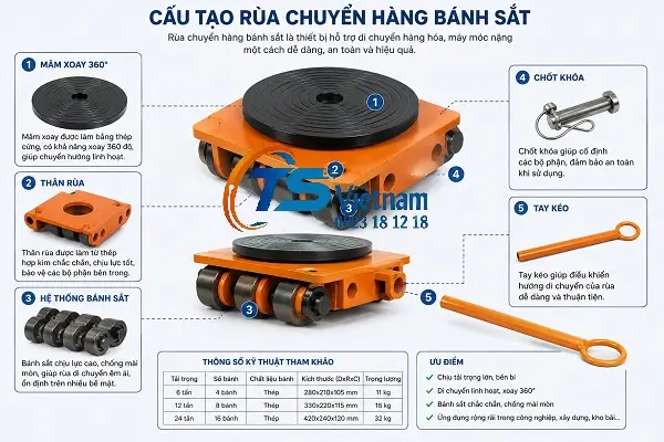 Rùa Chuyển Hàng Bánh Sắt 4 Cấu tạo rùa chuyển hàng bánh sắt