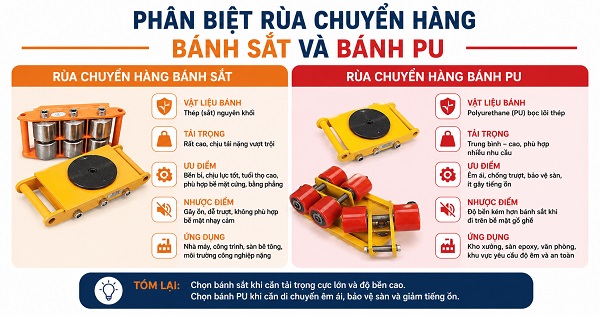 Phân biệt rùa chuyển hàng bánh sắt và bánh PU