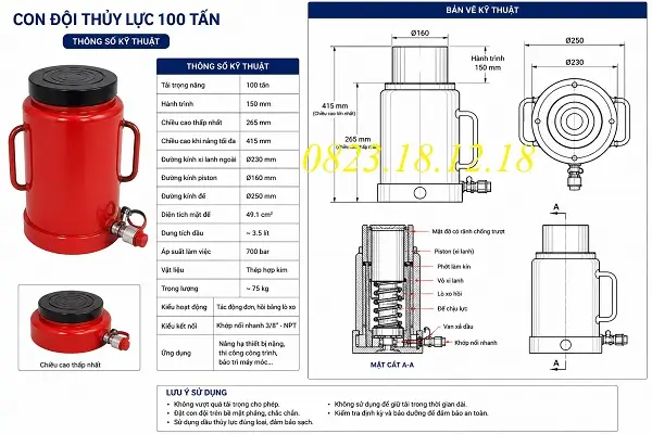 Con Đội Thủy Lực 100 Tấn 4 Thông số kỹ thuật con đội thủy lực 100 tấn