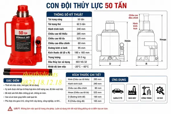 Thông số kỹ thuật con đội thủy lực 50 tấn