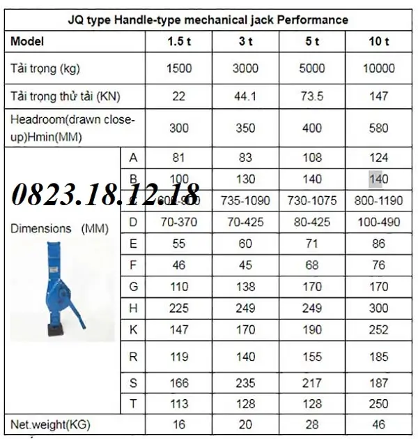 Kích quay tay 5 tấn 3 Thông số kỹ thuật của kích quay tay 5 tấn