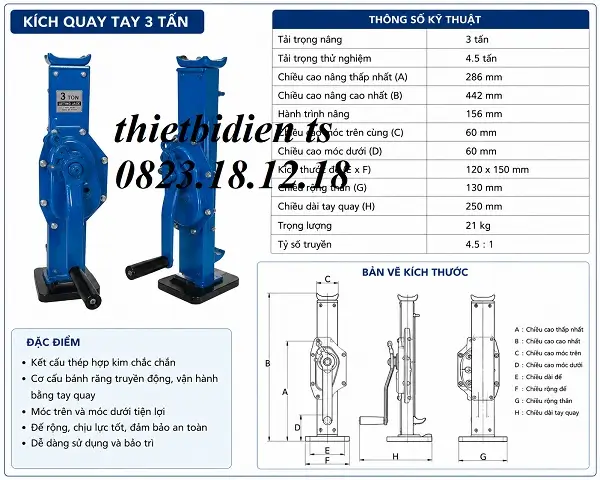 Kích Quay Tay 3 Tấn 3 Thông số kỹ thuật của kích thủy lực 3 tấn