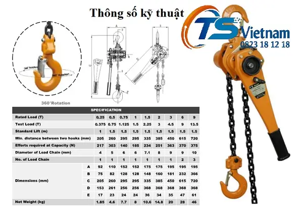 Thông số kỹ thuật pa lăng xích