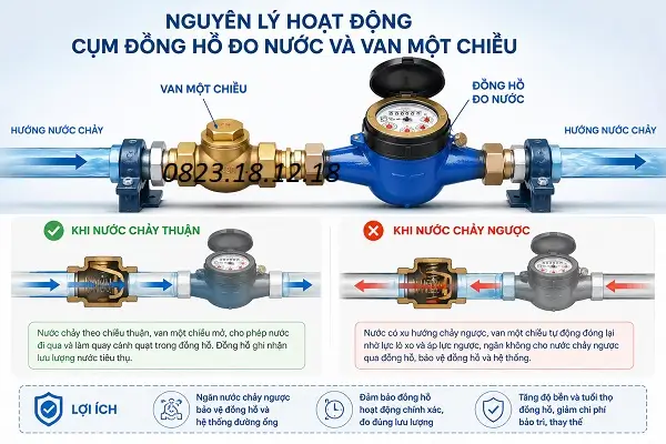 Nguyên lý hoạt động của cụm đồng hồ đo nước và van một chiều