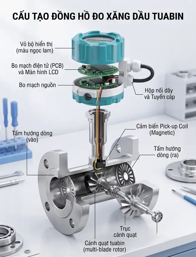 Cấu tạo và cơ chế hoạt động của đồng hồ đo xăng dầu Tuabin 6 Cấu tạo của đồng hồ đo xăng dầu Tuabin