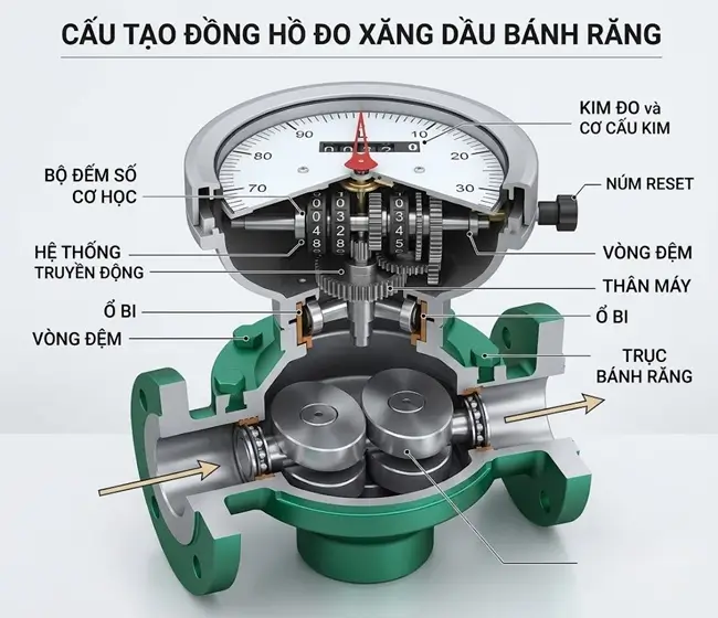 Cấu tạo và nguyên lý hoạt động đồng hồ đo xăng dầu bánh răng 4 Cấu tạo đồng hồ đo xăng dầu bánh răng
