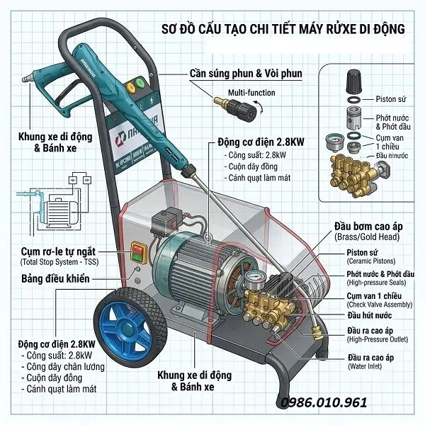 Máy rửa xe di động 2.8KW 3 Cấu tạo của máy xịt rửa xe di động 2.8kW