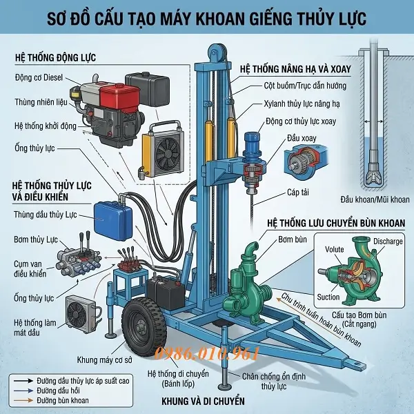 MÁY KHOAN GIẾNG THỦY LỰC 3 Cấu tạo cơ bản của máy khoan giếng thủy lực