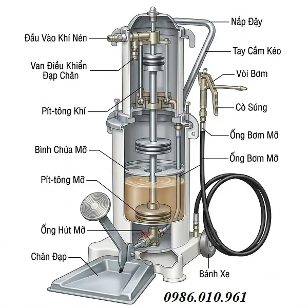 Bơm Mỡ Khí Nén Đạp Chân 4 Cấu tạo của bơm mỡ khí nén đạp chân