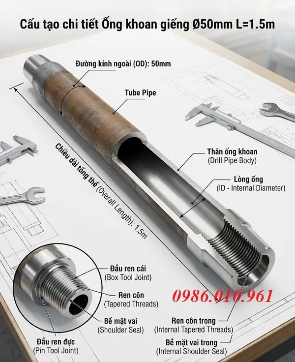 Ống Khoan Giếng 50mm Dài 1.5m 4 Cấu tạo của ống khoan giếng 50m dài 1.5m